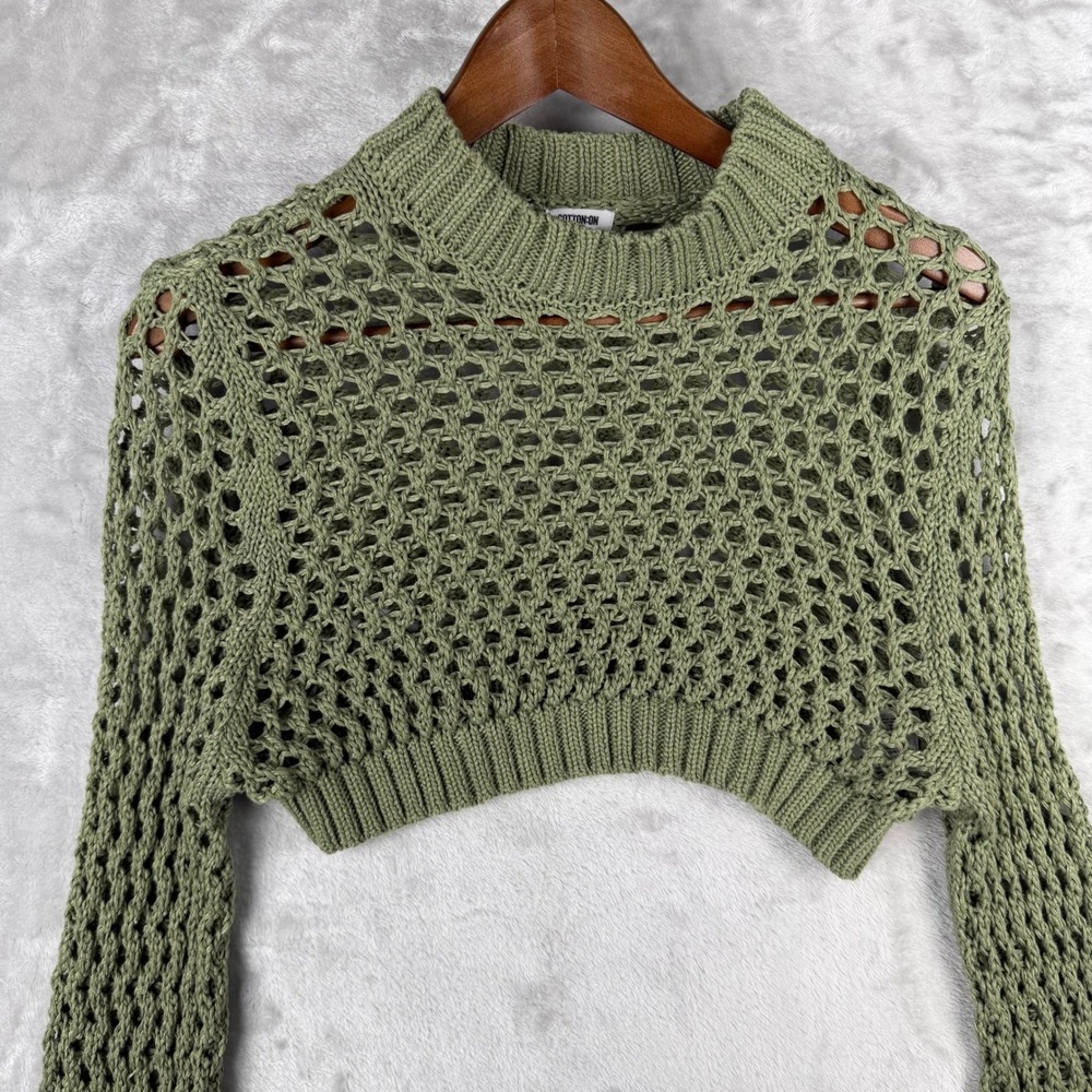 Green Crochet Knit Mock Neck Long Sleeve Crop Sweater Top L Fall‎ photo